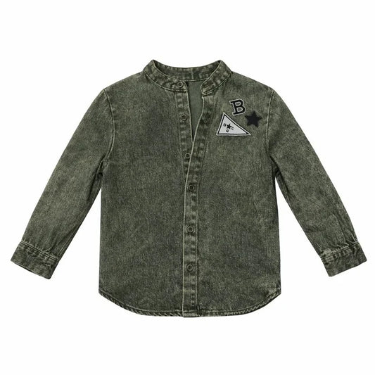 shirt l/s denim patch mandarin - green wash