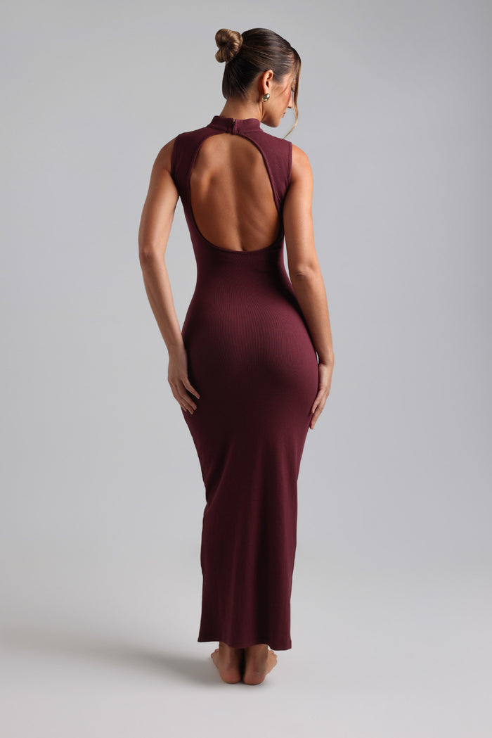 Sleeveless Mock Neck Maxi Dress - Black Cherry
