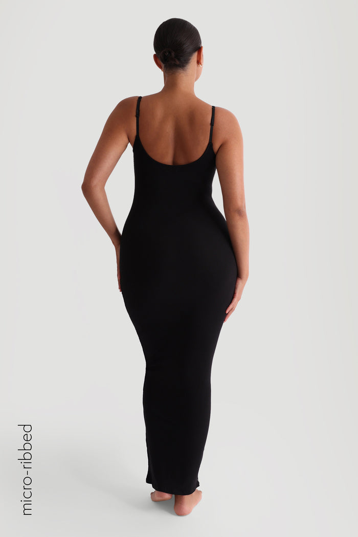Slip-On Micro-Ribbed Maxi Dress - Black