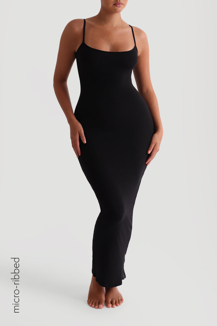 Slip-On Micro-Ribbed Maxi Dress - Black
