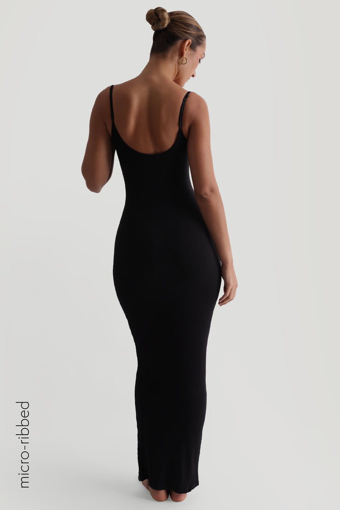 Slip-On Micro-Ribbed Maxi Dress - Black