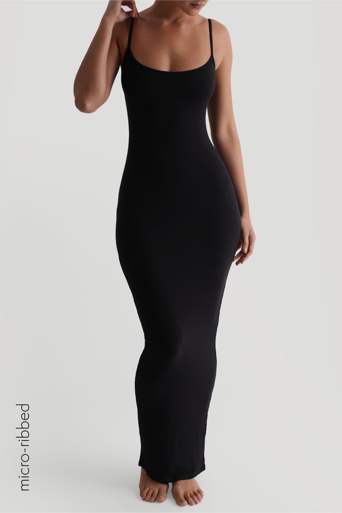 Slip-On Micro-Ribbed Maxi Dress - Black