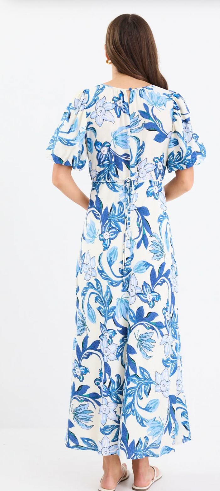 Stories Be Told  - Stage Blue Floral Puff Sleeve Floaty Maxi Dress