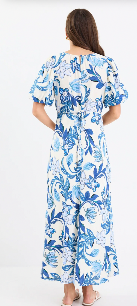 Stories Be Told  - Stage Blue Floral Puff Sleeve Floaty Maxi Dress