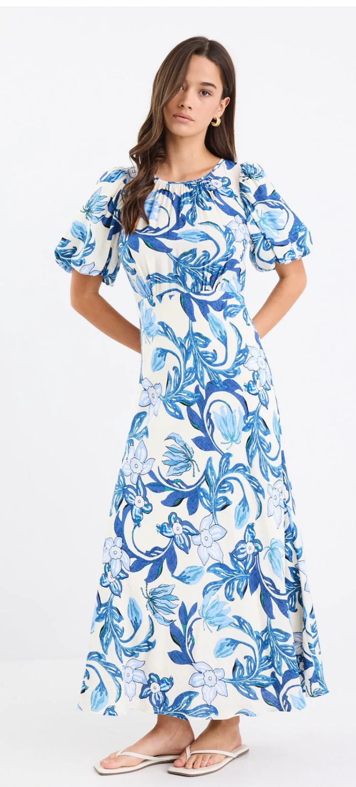 Stories Be Told  - Stage Blue Floral Puff Sleeve Floaty Maxi Dress