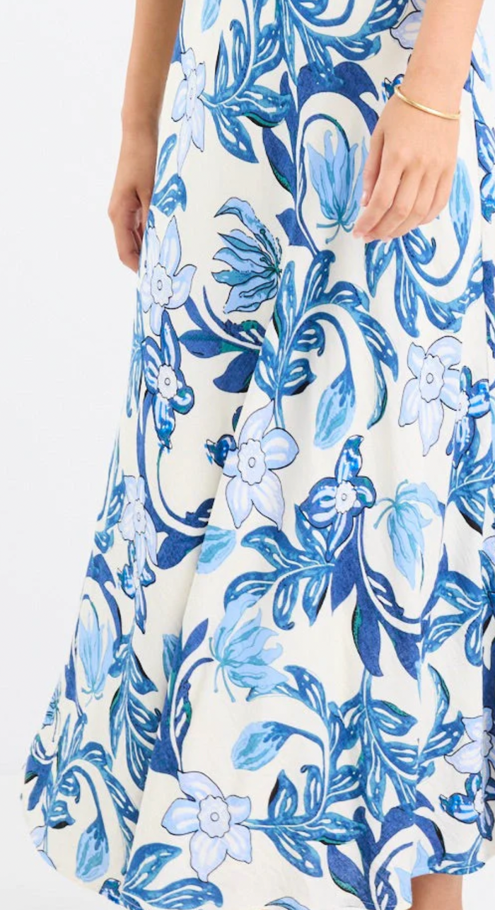 Stories Be Told  - Stage Blue Floral Puff Sleeve Floaty Maxi Dress