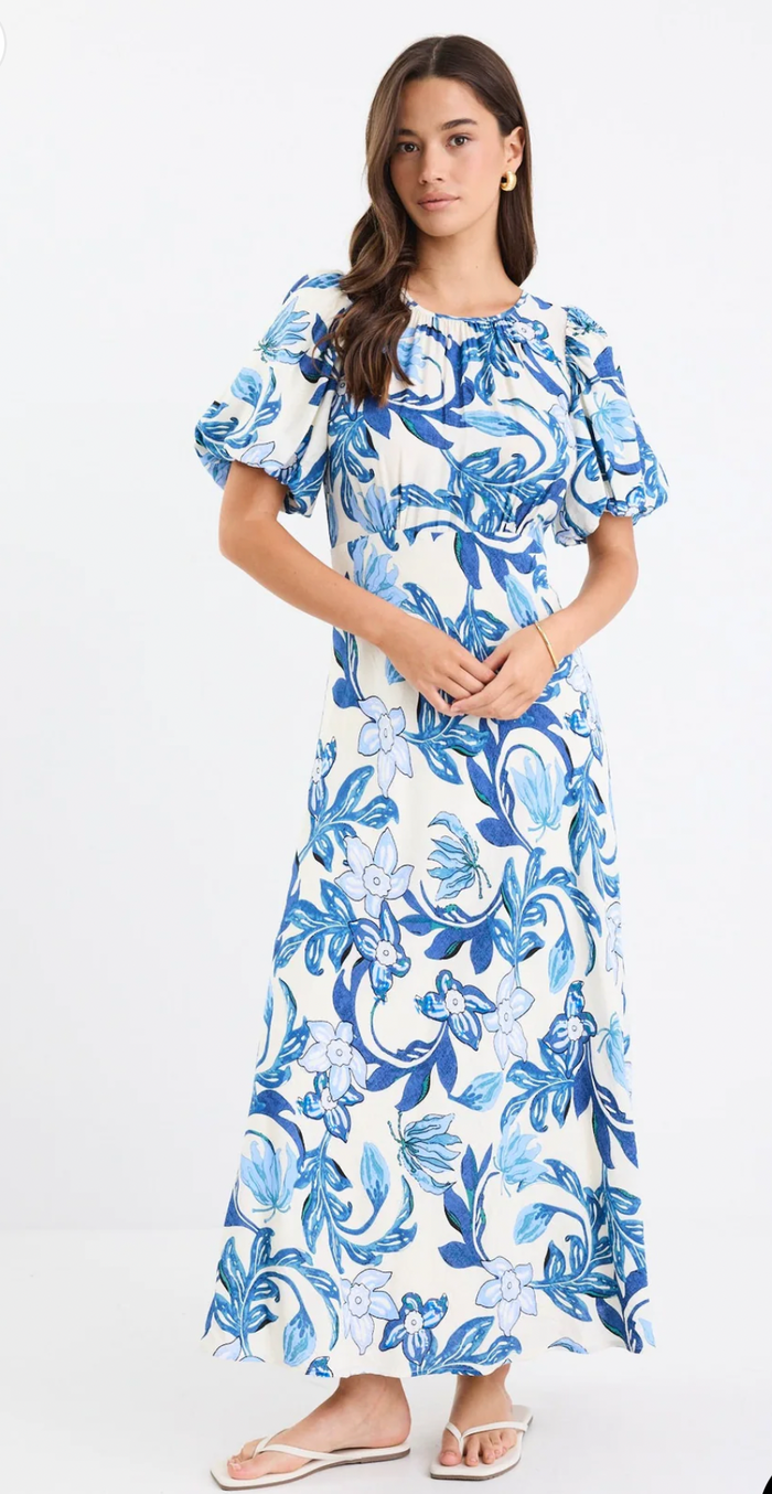 Stories Be Told  - Stage Blue Floral Puff Sleeve Floaty Maxi Dress