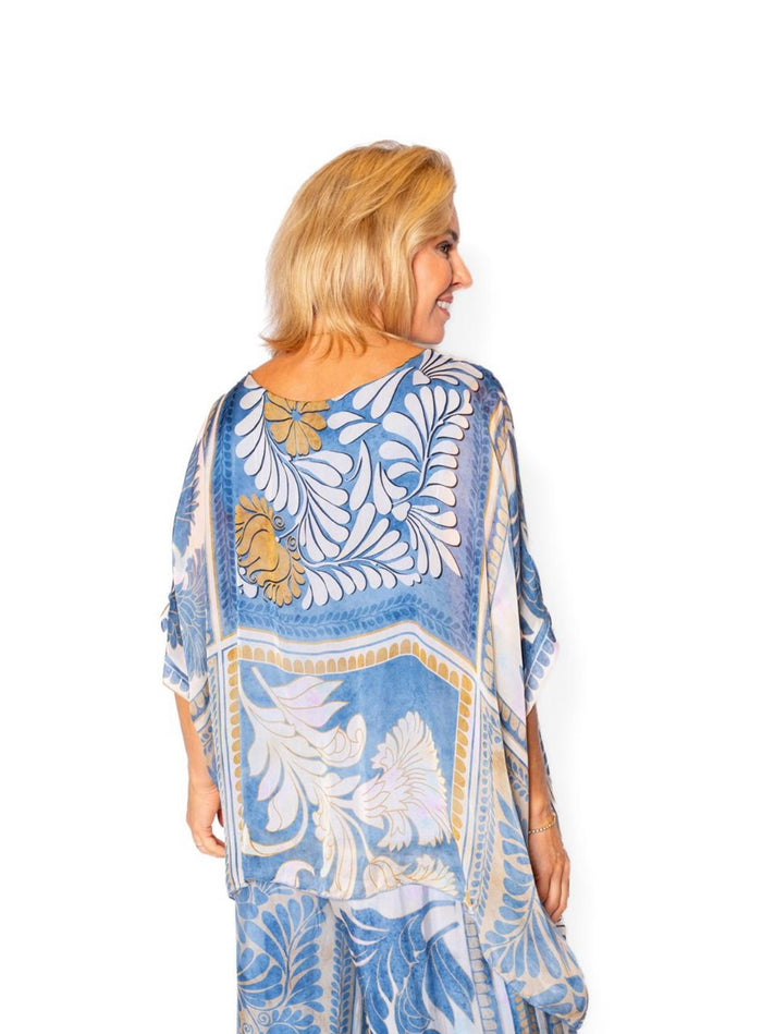The Italian Closet Mural Denim Tile Print Batwing Silk Top