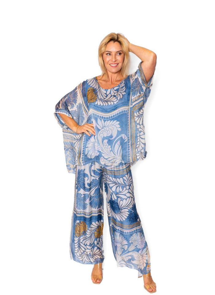 The Italian Closet Mural Denim Tile Print Batwing Silk Top