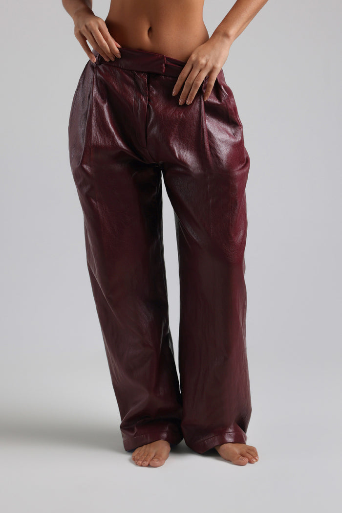 The Ivy-Wide Leg Leather Trousers - Black Cherry