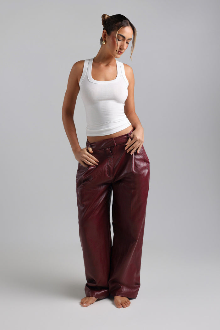 The Ivy-Wide Leg Leather Trousers - Black Cherry