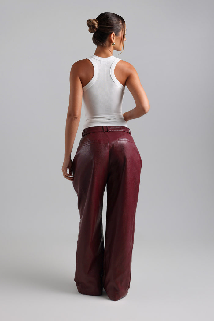 The Ivy-Wide Leg Leather Trousers - Black Cherry