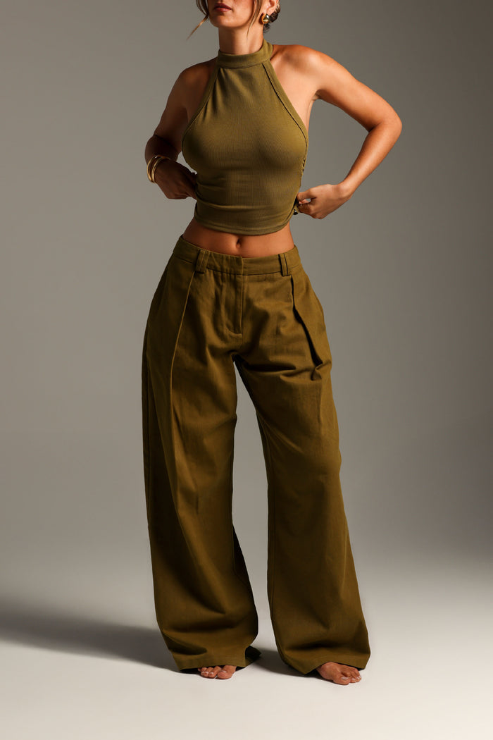 The Meridian Wide-Leg Trousers - Olive Oil