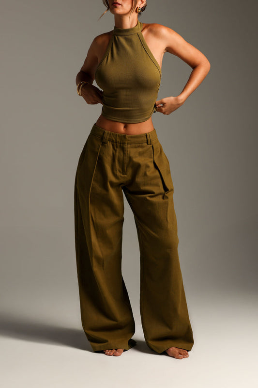 The Meridian Wide-Leg Trousers - Olive Oil