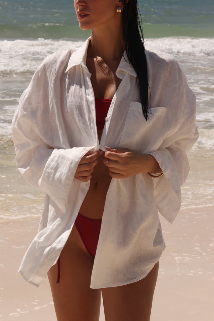 The Oversized Linen Button-Down Top - White