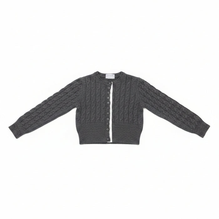 top l/s cable knit mock cardigan sweater - dark grey melange