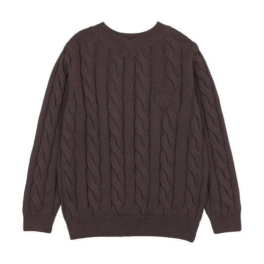 top l/s chunky cable knit v sweater - chocolate brown