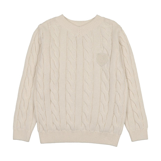 top l/s chunky cable knit v sweater - cream