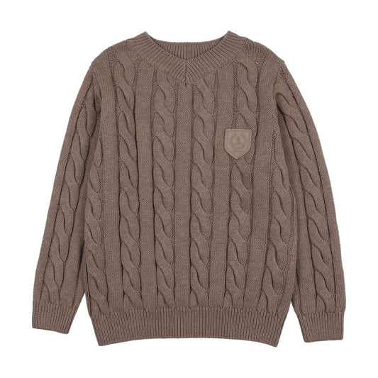 top l/s chunky cable knit v sweater - misty oat heather