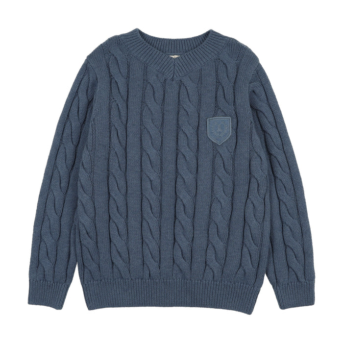 top l/s chunky cable knit v sweater - vintage blue