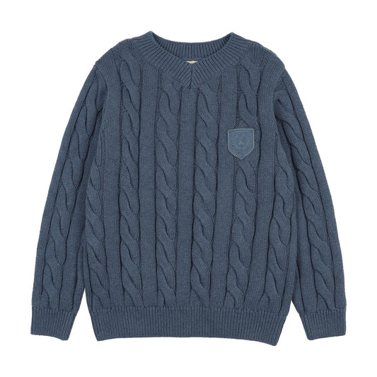 top l/s chunky cable knit v sweater - vintage blue