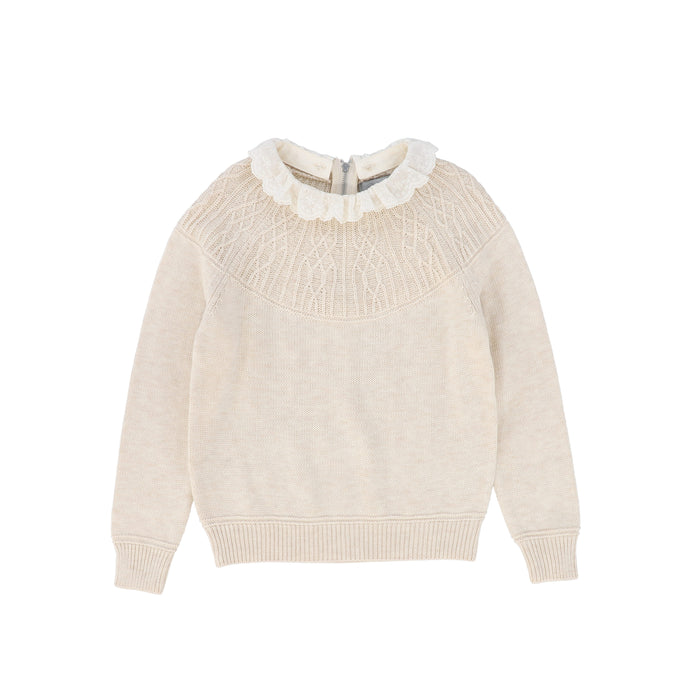 top l/s knit lace collared sweater - oatmeal