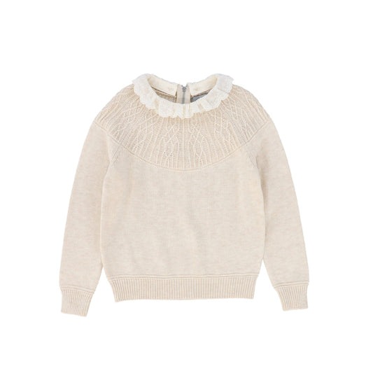 top l/s knit lace collared sweater - oatmeal