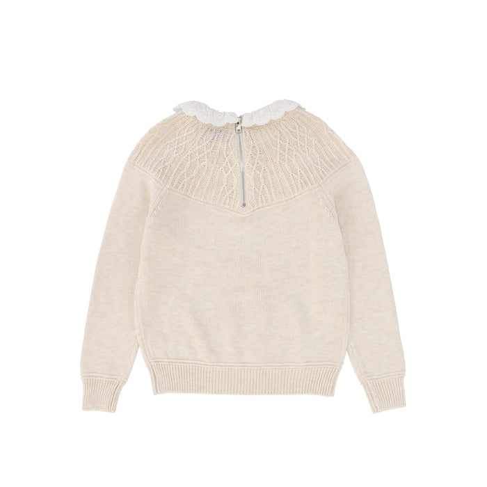 top l/s knit lace collared sweater - oatmeal