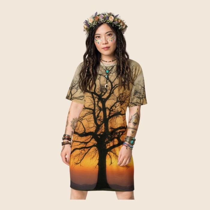 Tree Print Oversized T-Shirt Dress | Multicolour All-Over Print | Women's Casual Wear