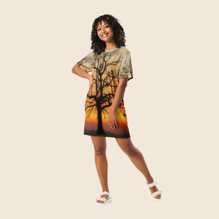 Tree Print Oversized T-Shirt Dress | Multicolour All-Over Print | Women's Casual Wear