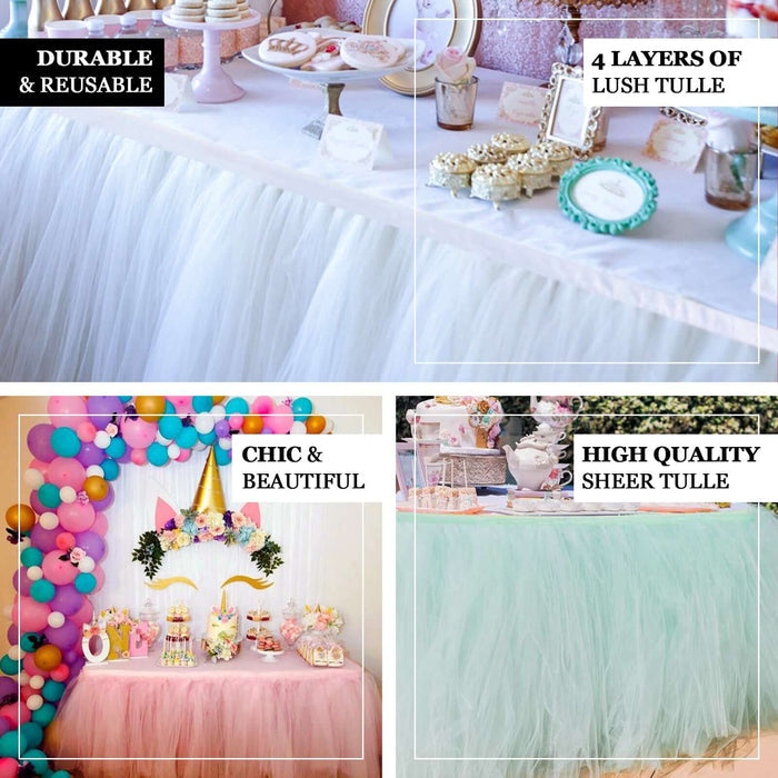 Colorful tulle table skirts for festive events and celebrations.