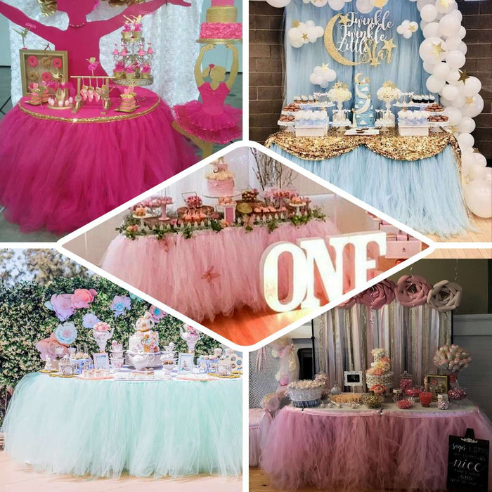 Decorative dessert tables with tulle skirts in pink and mint for celebrations.
