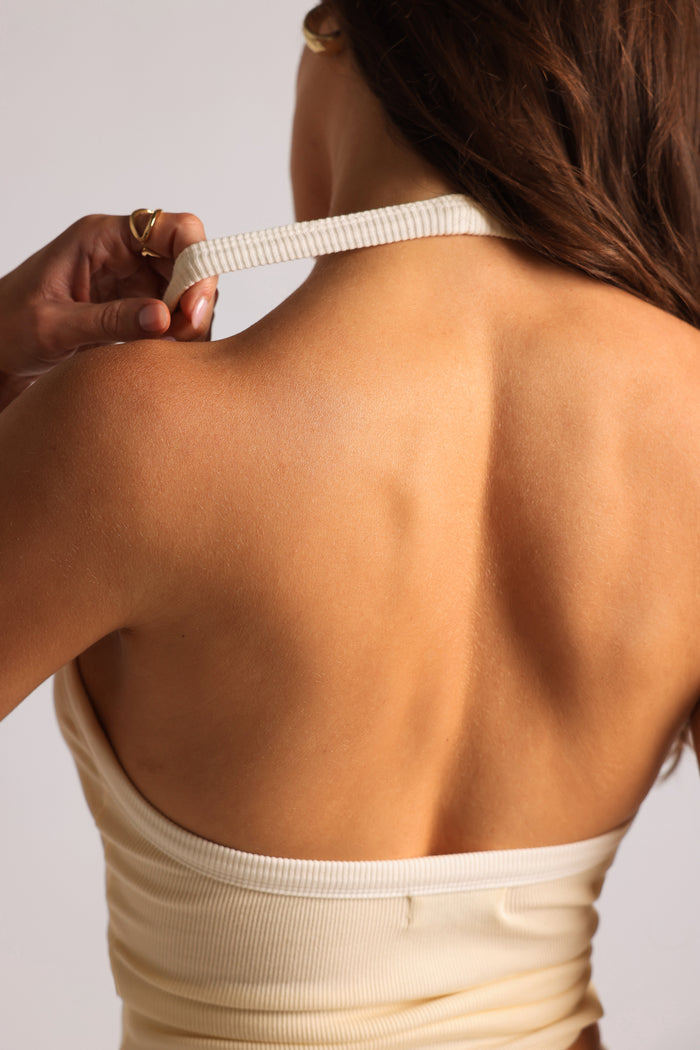 TwoTone Plunge Halter Top - Honeybutter/White
