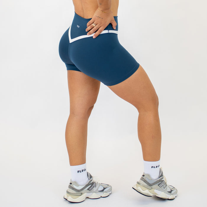 Blue Harbor + White V Define Short 5" - No Front Seam - High Rise by FLEO - 2