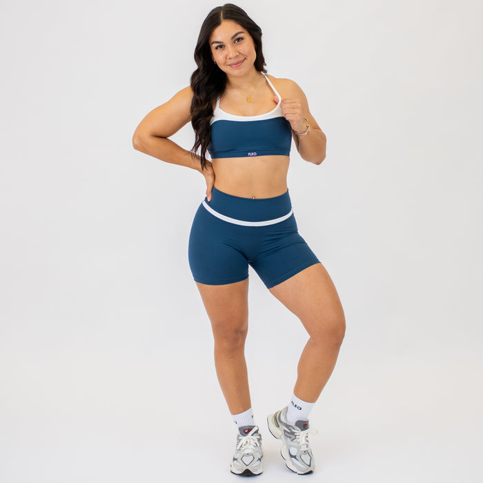 Blue Harbor + White V Define Short 5" - No Front Seam - High Rise by FLEO - 3