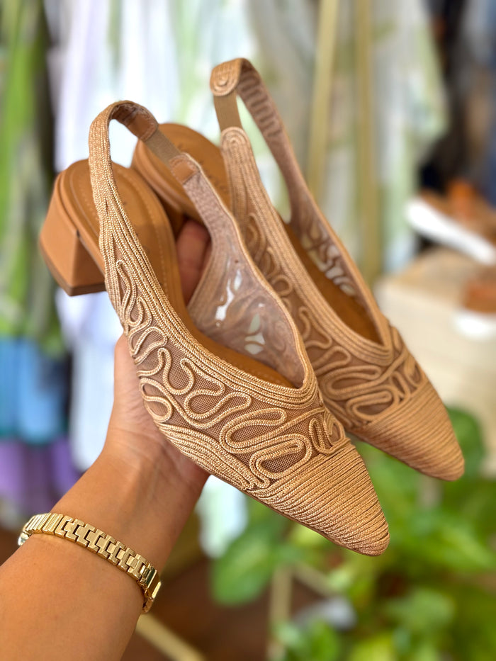 Valerio Conte Tan Embroidered Mesh Heels
