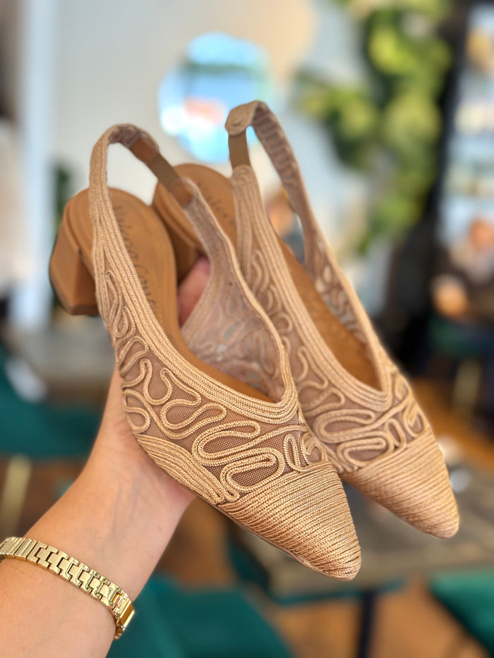 Valerio Conte Tan Embroidered Mesh Heels