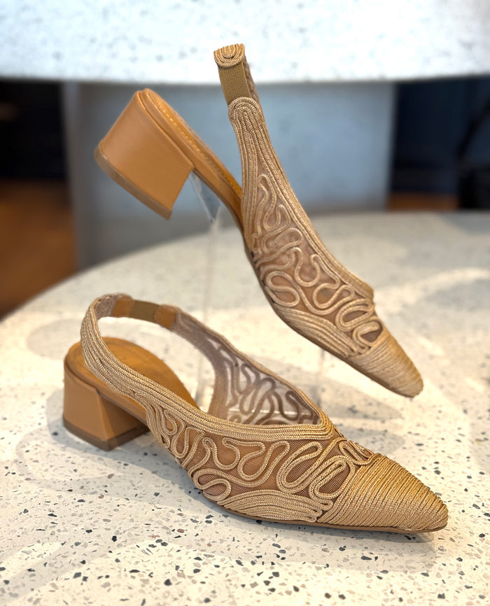 Valerio Conte Tan Embroidered Mesh Heels