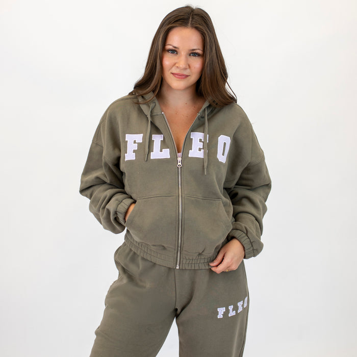 Crop Zip Hoodie Sweatshirt | Weekender | Neutral Olive