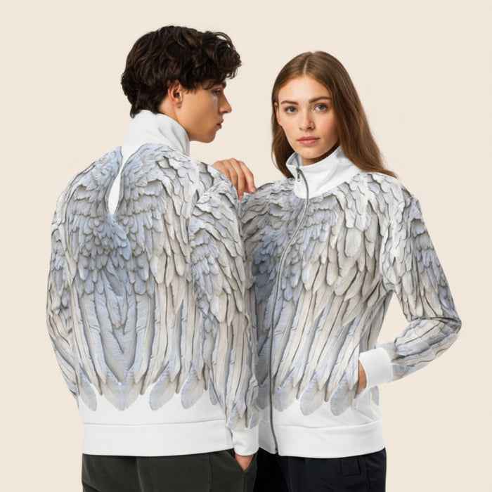 White & Grey Angel Wings Track Jacket — Unisex Festival Zip-Up