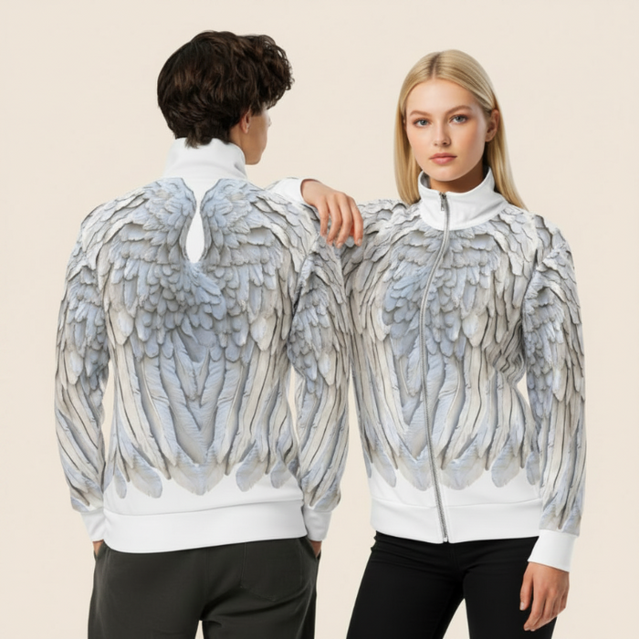 White & Grey Angel Wings Track Jacket — Unisex Festival Zip-Up