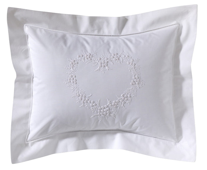 White Heart Embroidered Boudoir Pillow Cover — embroidered textile and product presentation