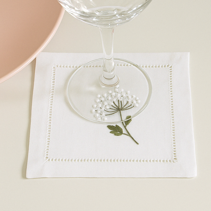 White Hydrangea Embroidered Cotton Cocktail Napkins — napkin embroidery, hemstitch and table styling