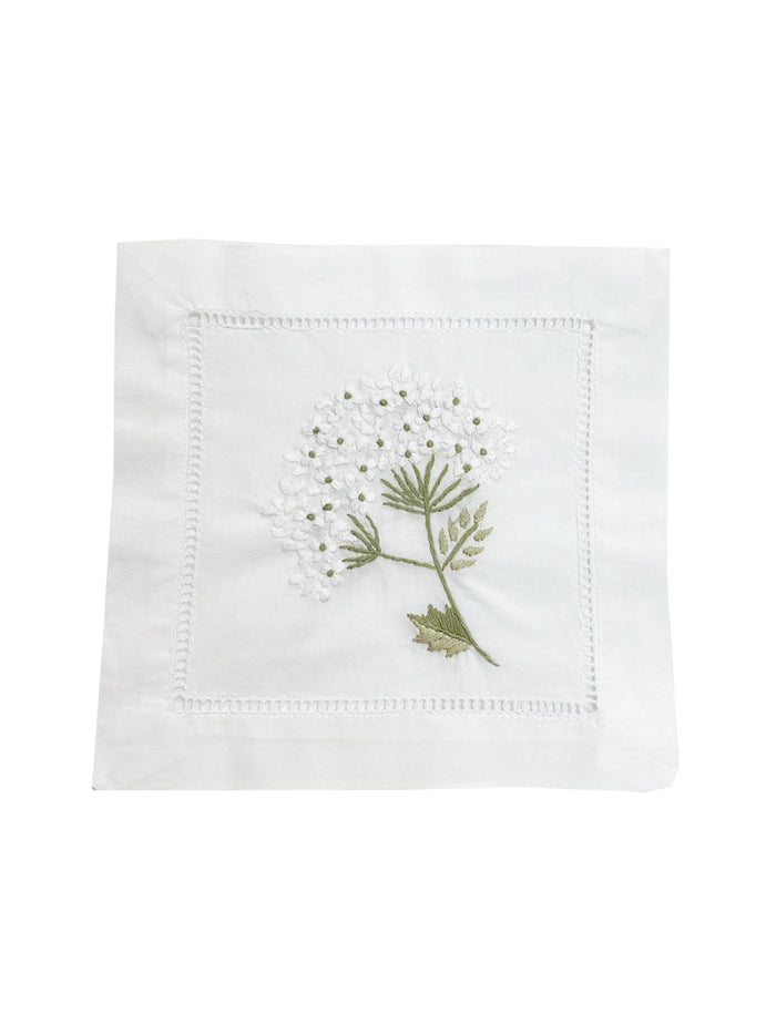 White Hydrangea Embroidered Cotton Cocktail Napkins — napkin embroidery, hemstitch and table styling