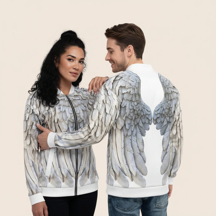 White Unisex Bomber Jacket with Grey Wings Print — All-Over Print Festival & Streetwear