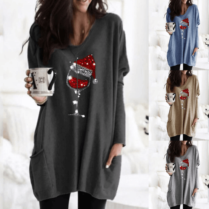 Wine &amp; Santa Hat Sweatshirt for Women