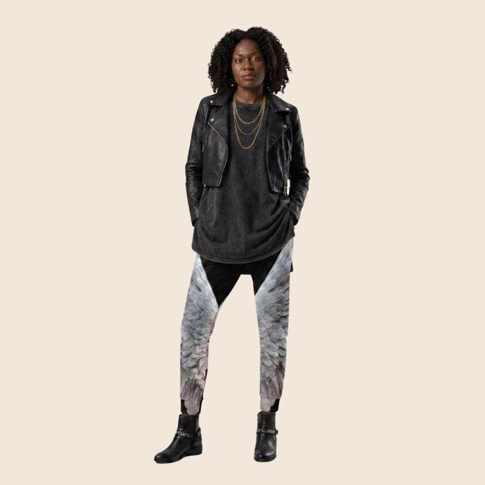 Wings Print Women's Recycled Joggers— All-Over Print Festival Pants - Black and Grey