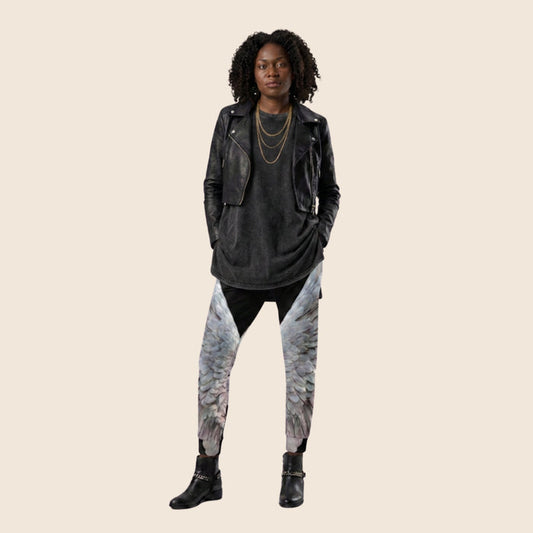 Wings Print Women's Recycled Joggers— All-Over Print Festival Pants - Black and Grey