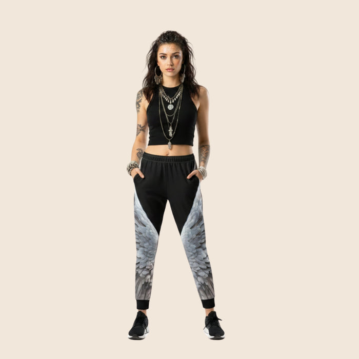 Wings Print Women's Recycled Joggers— All-Over Print Festival Pants - Black and Grey