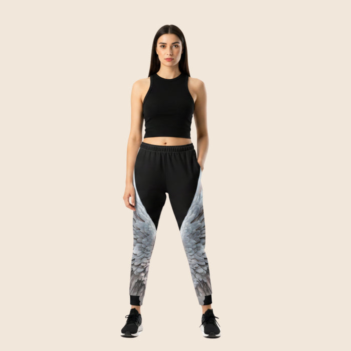 Wings Print Women's Recycled Joggers— All-Over Print Festival Pants - Black and Grey